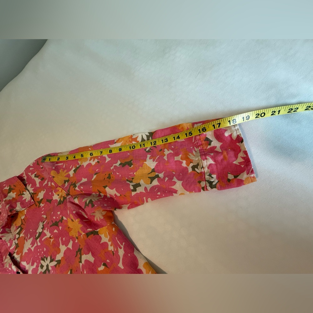 Sigrid Olsen 3/4 Sleeve Top Large Pink Orange Floral Linen Split Neck High Low - Picture 5 of 16